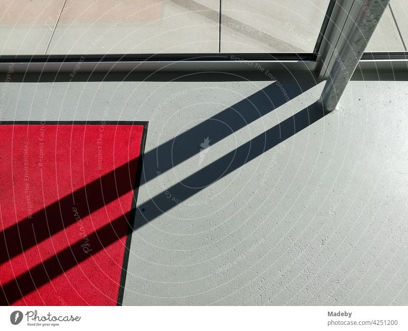 Diagonal shadow on grey floor and red carpet in the entrance area of a gallery in modern architecture in Oelde in Westphalia Light Shadow sunshine diagonal Gray