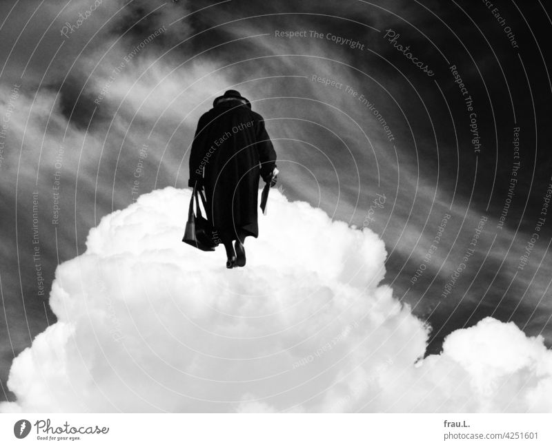 Final return - they will find each other Old travel Montage Woman Coat Hat Crooked Handbag Human being on one's own Photomontage cloud