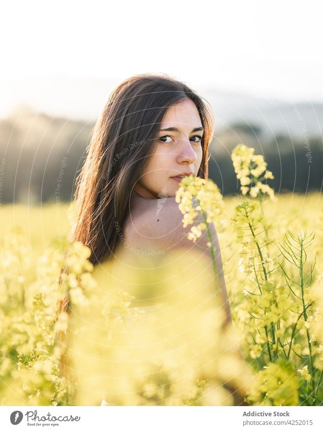 Serene woman standing on blooming field yellow flower sensitive blossom delicate feminine bare shoulders nature serene peaceful attractive beautiful calm