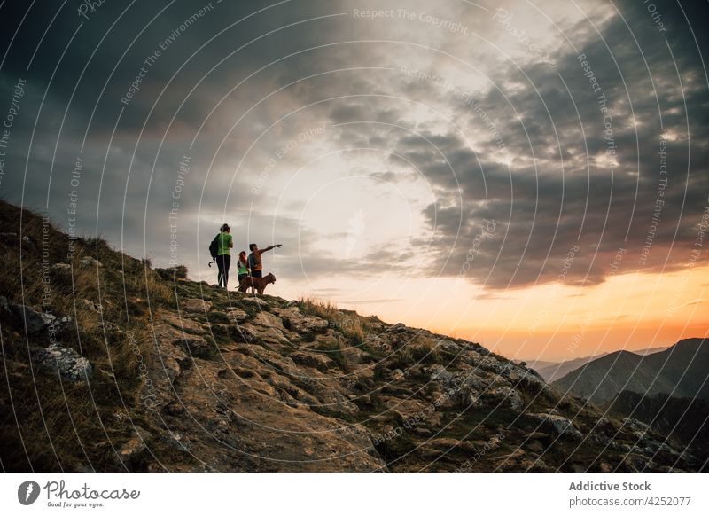 Travelers with dog on rocky mountain slope at sunset hiker group observe peak traveler together friend explore admire sky cloud hill nature vacation cloudy