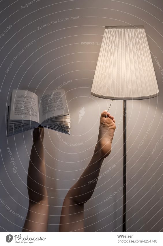 Books are usually versatile, but legs also Reading Legs Lamp Light youthful Useful feet Acrobatic upside down upturned Whimsical Funny Absurd Feet reading