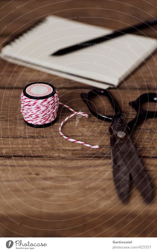 twine Paper Piece of paper Pen Old Vintage Scissors String Sewing thread Reddish white Handcrafts Deserted Copy Space bottom Shallow depth of field