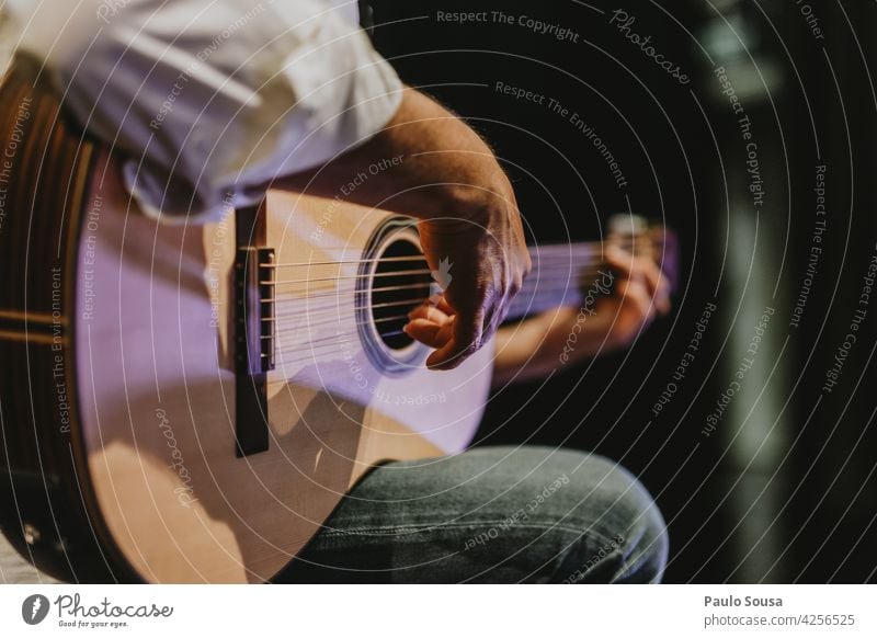 Close up hand playing guitar Guitar Guitarist Guitar string Music Musician Musical instrument Guitar neck Tone Colour photo Close-up Acoustic