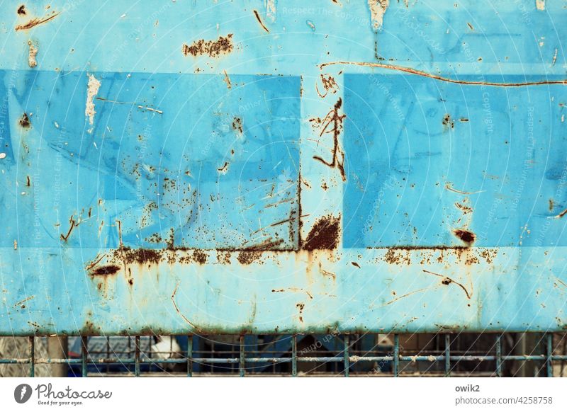 Comprehensive Metal Tin Turquoise Colour Rust Trashy Gloomy Orange Decline Tracks Destruction Detail Transience Old Deserted Structures and shapes Colour photo