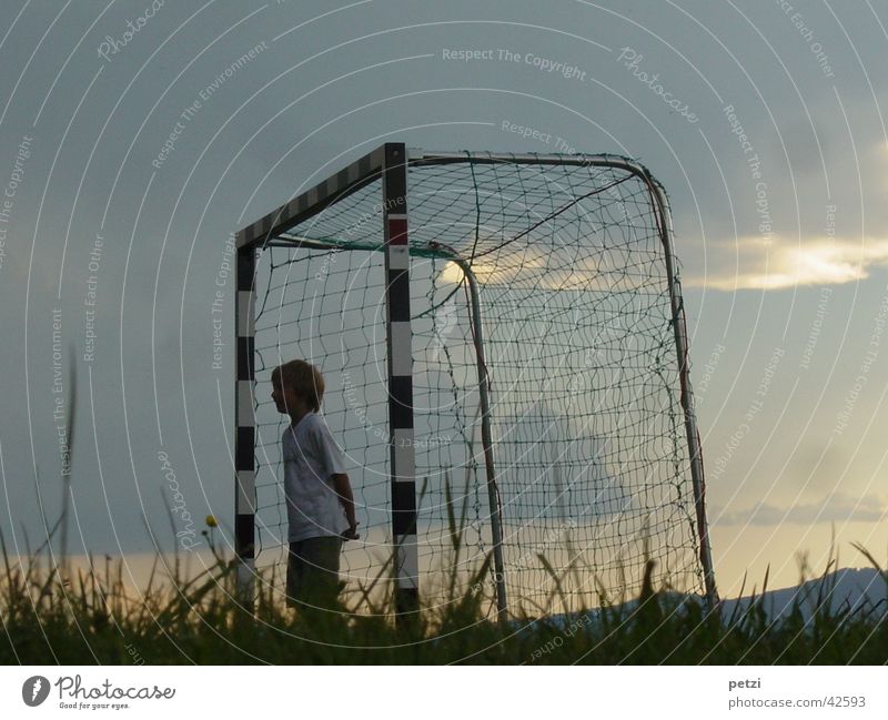 I'm waiting, where's the ball? Sports Soccer Sky Clouds Grass Meadow Gate Net Loneliness Rod Reddish white Dusk Sunset goalie Colour photo Exterior shot