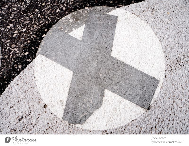 Cross & Circle Symbols and metaphors Signs and labeling Structures and shapes Abstract Adhesive tape Double exposure Detail Asphalt Site Orientation Symmetry