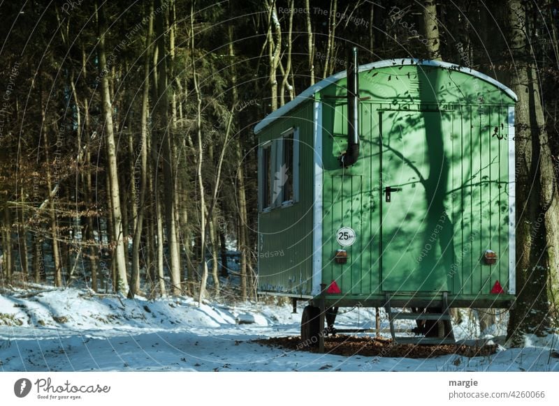 Construction trailer in the woods. Tree Forest construction car scene trees Nature Chimney Stovepipe Environment Deserted construction wagon Woodground Snow