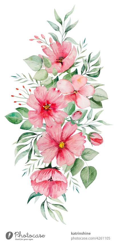 Watercolor pink flowers and green leaves bouquet illustration Botanical Decoration Drawing Element Foliage Garden Hand drawn Isolated Ornament Paint Plant Set
