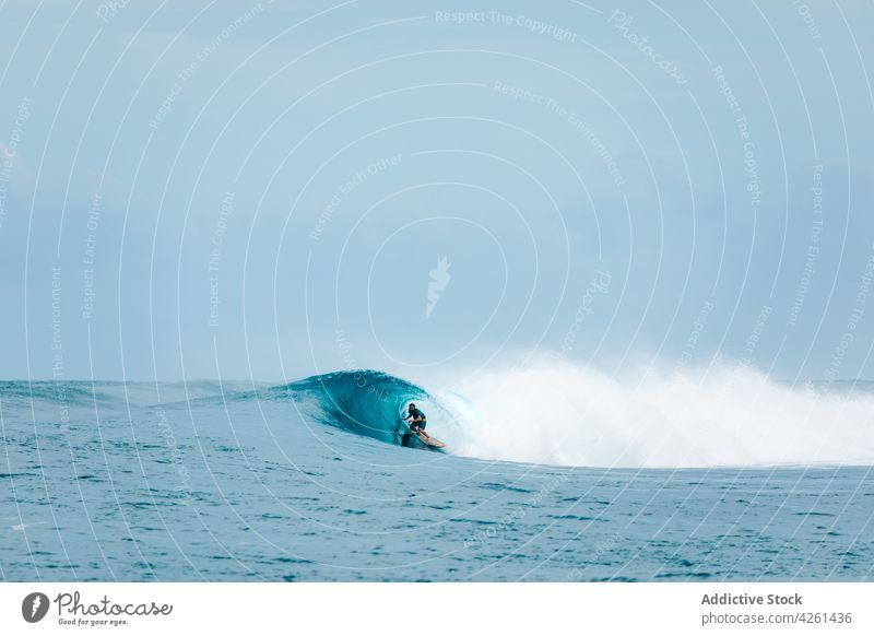 Surfer practicing surfing on wavy sea with splashing water sportsman extreme practice adrenalin motion power wave mountain highland surfer energy dynamic flow