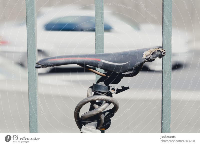 Slim saddle on the rail vs. fast car on the urban highway Bicycle saddle Structures and shapes seat Part Plastic Detail pole Car blurriness a100 Ravages of time