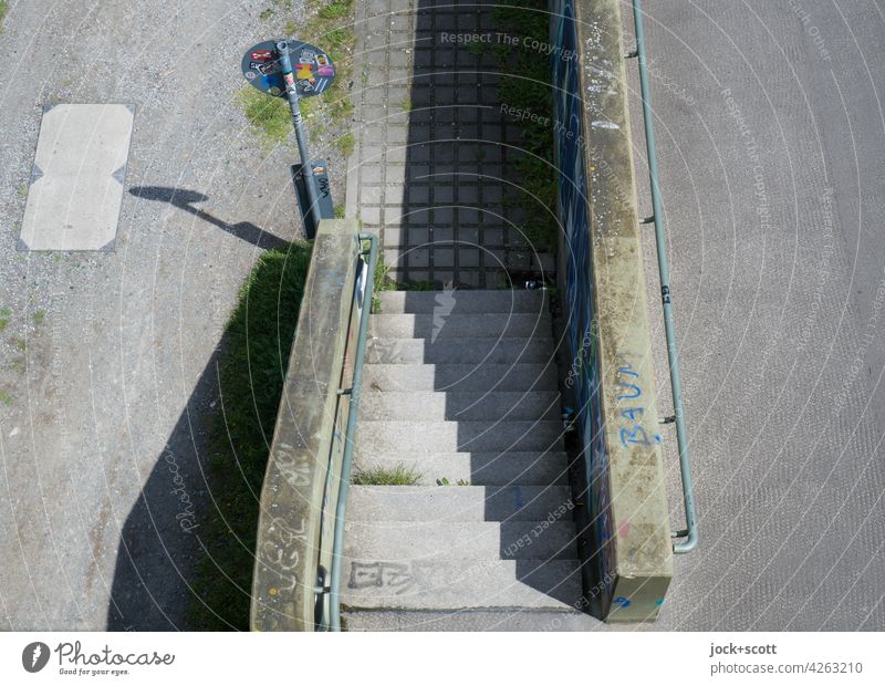 Top view of a single flight staircase with a straight floor plan Bird's-eye view Stairs Concrete Architecture Manmade structures Ramp Banister Road sign