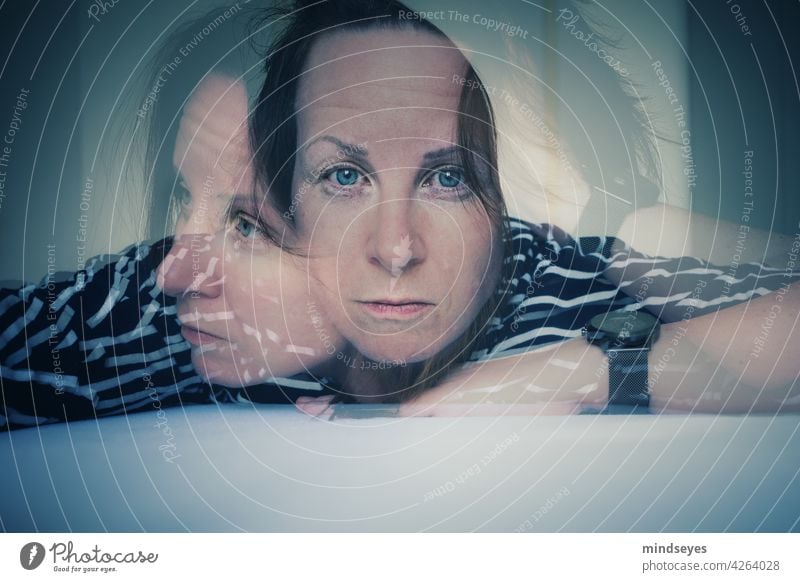 Double exposure Concern portrait Striped sweater Looking into the camera Forward Worry line Earnest Loneliness Human being Adults Face disorientation Woman