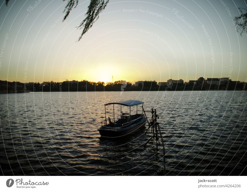 Evening sun over lake Beihai with a small boat Lake Nature Landscape Lakeside Relaxation Calm Idyll Summer Cloudless sky Beautiful weather Sunlight Environment