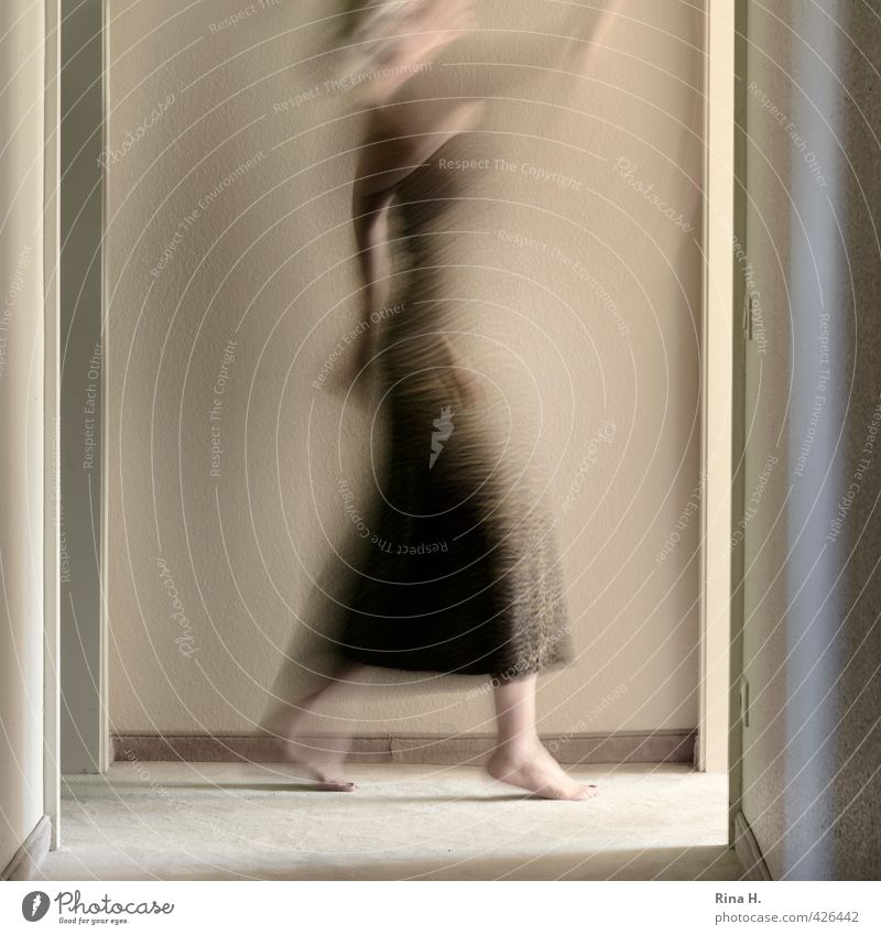 Wait a minute! Woman Adults 1 Human being Wall (barrier) Wall (building) Dress Going Walking Authentic Bright Speed Time Hallway Doorframe Floor covering Blur