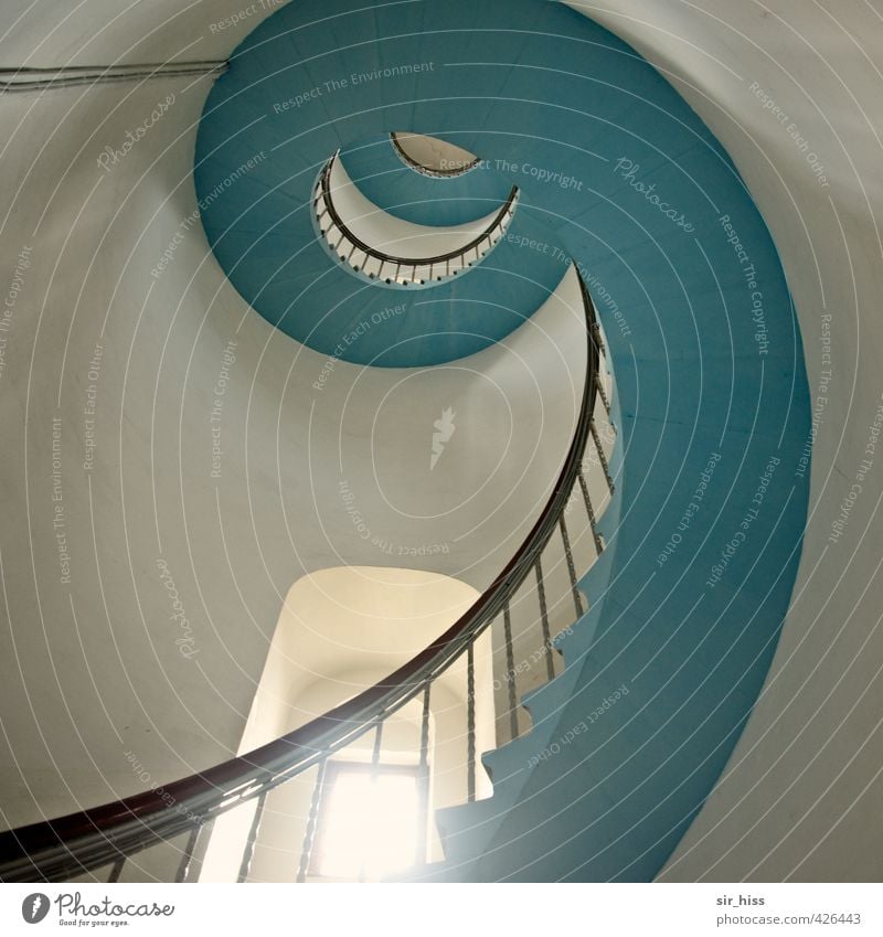 9 levels Lighthouse Stairs Window Round Blue White Banister Go up Beacon Light (Natural Phenomenon) Wall (building) Whorl Colour photo Subdued colour Upward