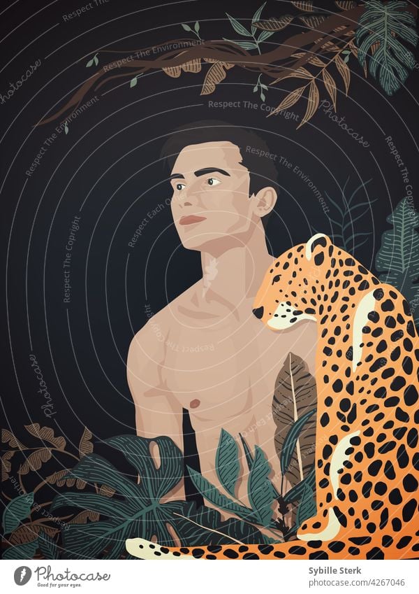 Young man in the jungle with leopard young man good looking man naked man plants wild wilderness danger adventure outdoors tarzan handsome attractive male