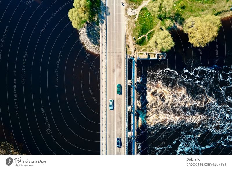Car moving on bridge in europe small town, aerial view river car traffic outdoor beautiful nature beauty belarus birds eye view ecosystem environment landscape