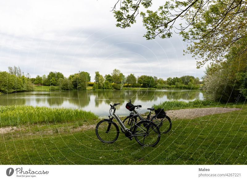 Bicycles stand on the shore of a small lake activity adult autumn beach beautiful bicycle bike blue boat city coast cyclist europe harbor harbour landscape