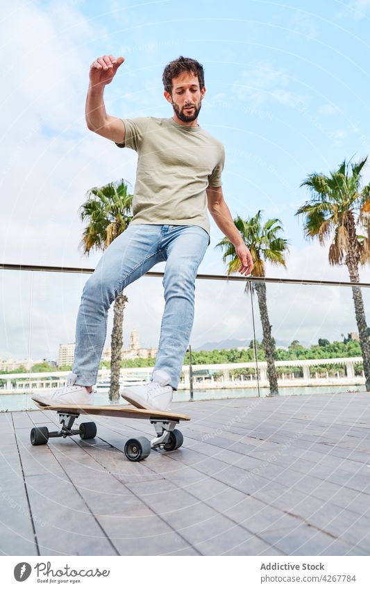Male skateboarder riding on embankment in tropical town man activity skill hobby ride balance leisure male free time urban active casual cool ability park