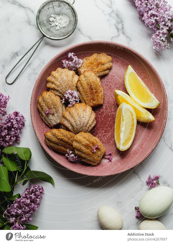 Delicious madeleines with lemon wedges and lavender flowers treat sweet sugar delicious scent plate cake egg tasty baked aroma small sponge cake yummy natural