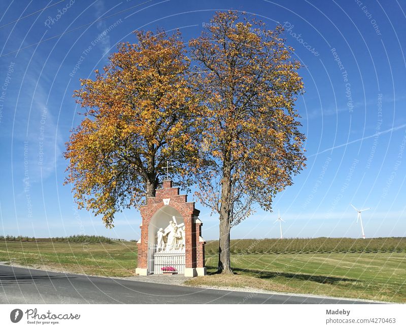 Autumnal old trees with religious monument in front of blue sky at an old pilgrim path in Stromberg near Oelde in the district of Warendorf in the Münsterland region of Germany