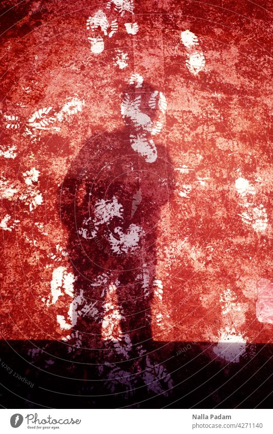Red White Black Analog Analogue photo Colour Shadow person Footprint trace pool tramp Exterior shot Imprint Sole profile traipse criss-cross