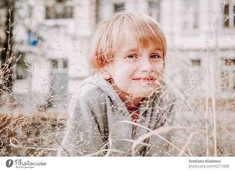 Portrait cute cool blonde caucasian Happy smiling little young boy in casual grey hoodie sitting in the tall grass against the backdrop of nature. happy smile