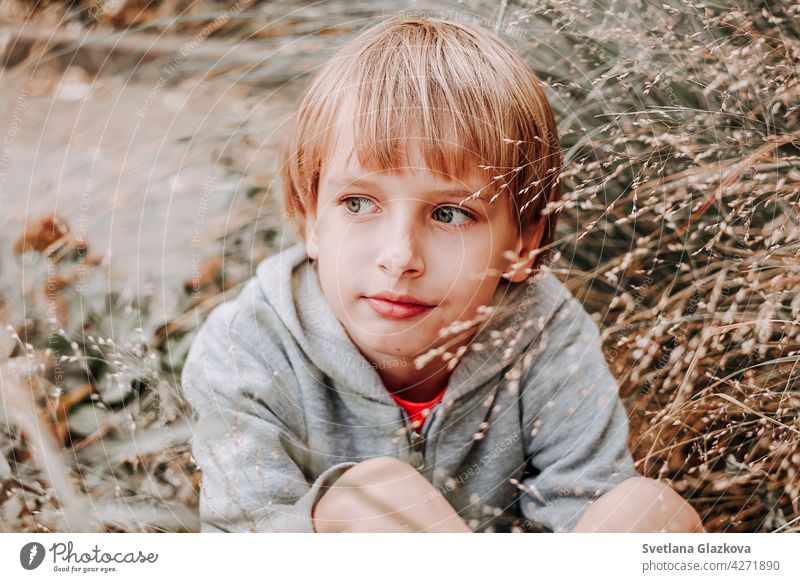 Portrait cute cool blonde caucasian Happy smiling little young boy in casual grey hoodie sitting in the tall grass against the backdrop of nature. happy smile