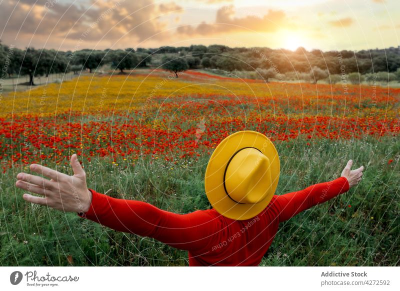Faceless man in yellow hat outstretching arms in blooming field style freedom countryside blossom nature carefree peaceful stand casual lifestyle meadow serene
