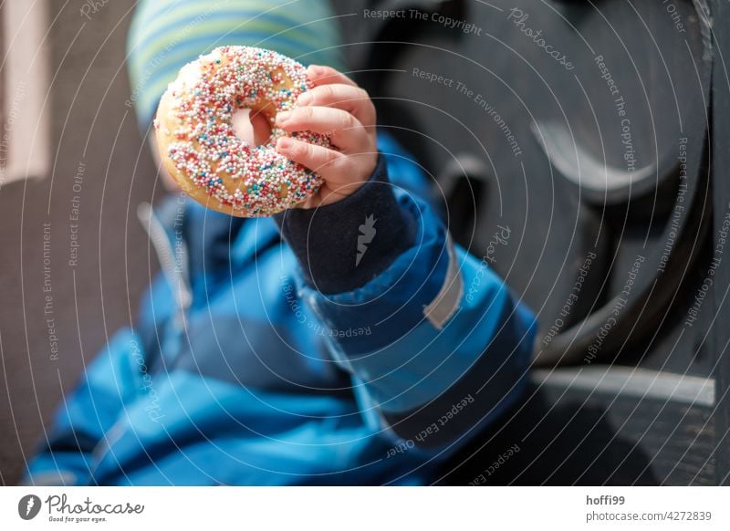 Donut with colorful sprinkles in children's hands doughnut donuts Child Children`s hand cute Candy biscuits Cake Sugar Baked goods Delicious Dessert Food Bakery