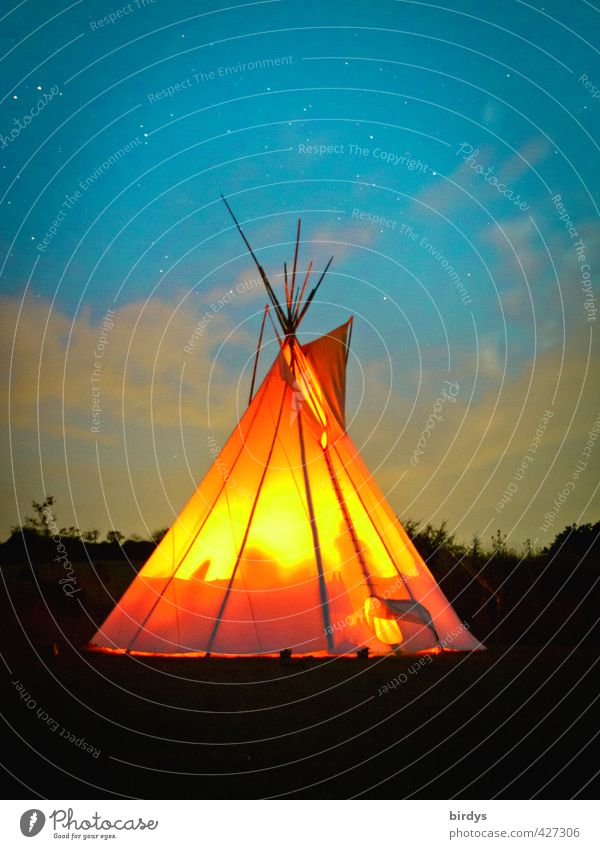 Inhabited tepee with campfire at night. Long exposure, night shot Tee Pee Nature Night sky Adventure Native Americans Fireplace Freedom Stars Summer Illuminate