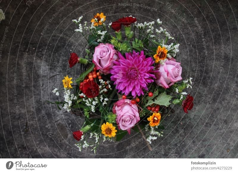 colorful flower arrangement from above Bouquet Ostrich flowers dahlia roses Flower Decoration Floristry Blossom Blossoming blossoms Valentine's Day Mother's Day