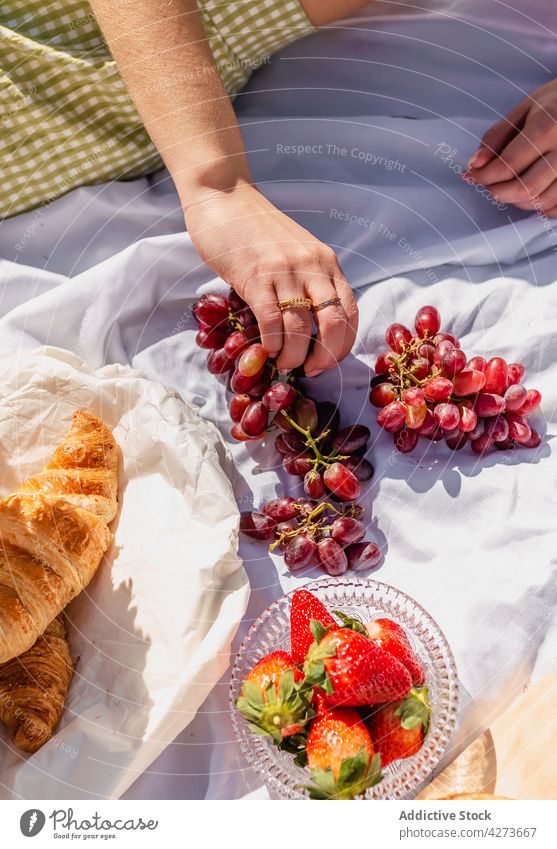 Woman taking grapes from bowl during picnic woman fruit focaccia croissant food tasty sweet female yummy eat vitamin ripe berry healthy strawberry nutrition