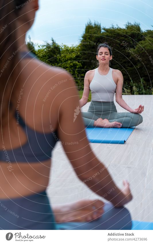 Concentrated woman with crop girlfriend meditating in Lotus pose outdoors meditate lotus pose yoga mudra stress relief zen spirit concentrate courtyard women