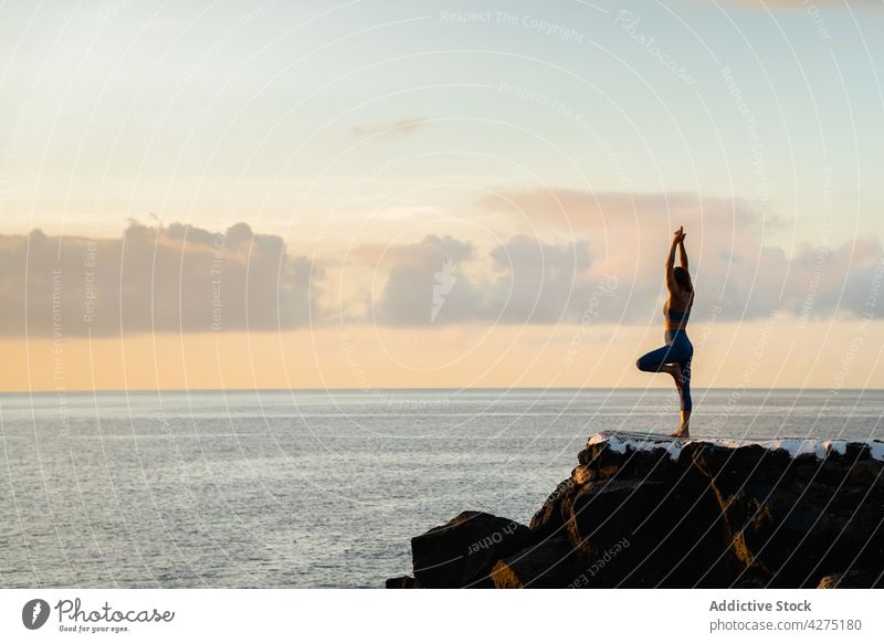 Faceless woman performing Tree with Arms Up pose against sea tree with arms up yoga balance healthy lifestyle energy wellness nature highland vitality practice