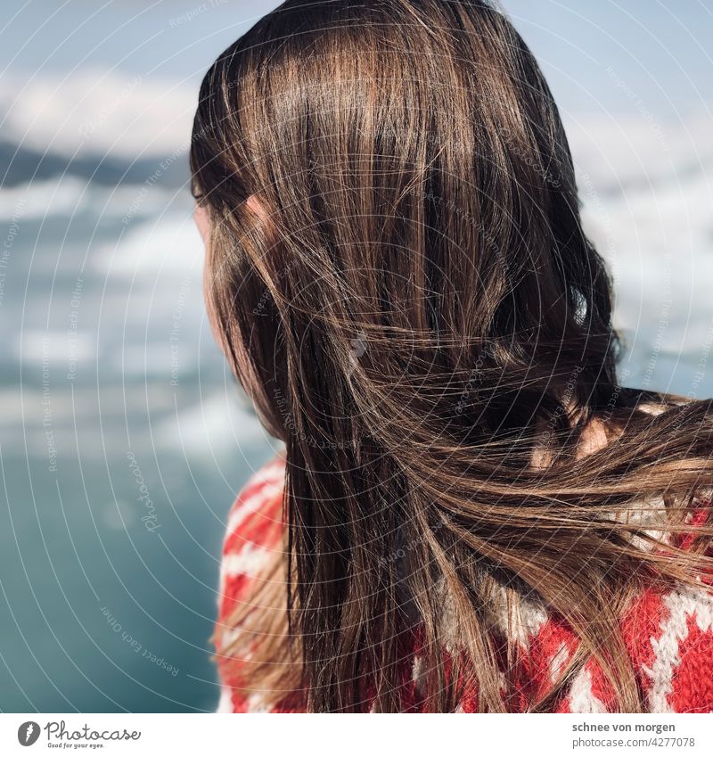 look away person Human being Iceland Woman hair Looking Horizon Hair and hairstyles Head Adults Feminine Colour photo 18 - 30 years Sweater Dream Wind Nature