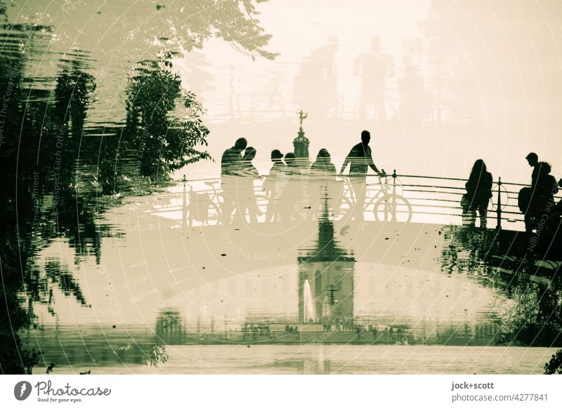 Bridge + visitors at the castle in the pond Reflection Silhouette Park Inspiration Double exposure Pond Fantastic Architecture Sightseeing Exceptional Illusion