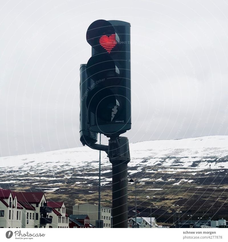 Heart in traffic light Traffic light Akureyi Iceland Winter Snow mountains vacation Mountain Exterior shot Colour photo Landscape Nature Deserted Adventure