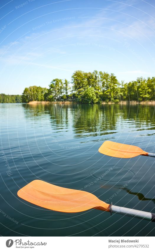 Kayak paddles rest over the water, selective focus. kayak sport nature canoe nobody activity vacation oar adventure equipment leisure journey holiday lifestyle