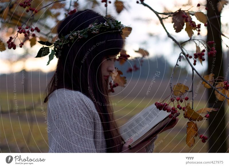 dreaming Feminine Girl 1 Human being 13 - 18 years Child Youth (Young adults) Landscape Autumn Black-haired Long-haired Book Reading Dream Beautiful Moody