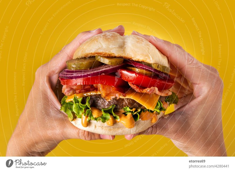 Hands picking up a feef burger with bacon american beef bread cheese delicious eat fast food hand homemade ingredient lettuce onion person pickle recipe rustic