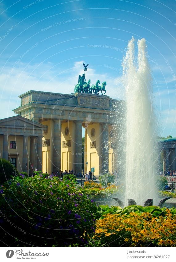 Fountain at the Brandenburg Gate Tourist Attraction Landmark Sightseeing Early classical period World heritage Pariser Platz Downtown Berlin Germany flowers Sky