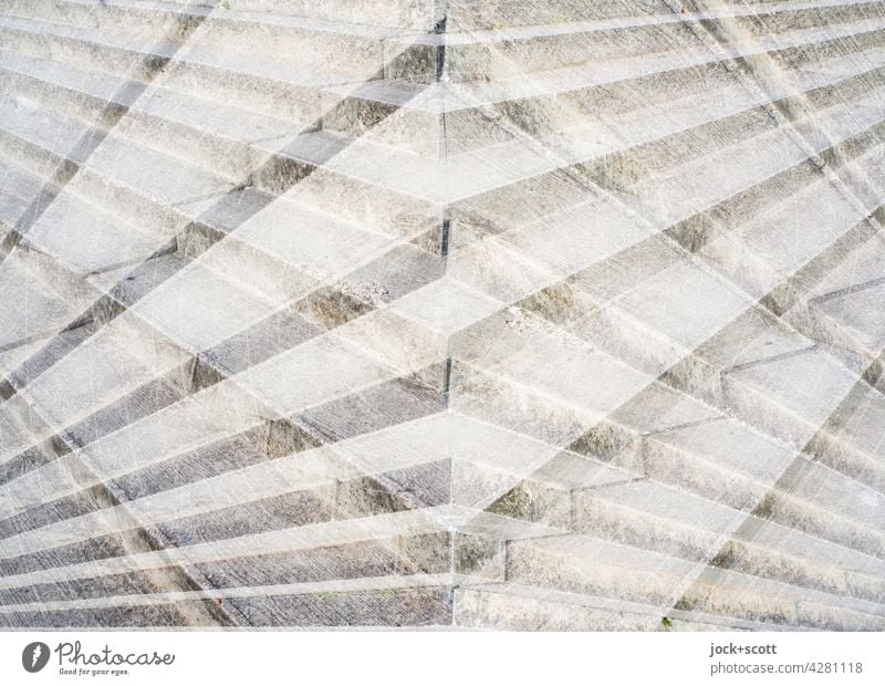 Double staircase Stairs Double exposure Architecture Abstract Structures and shapes Modern Corner Gray Weathered Concrete Dirty Sharp-edged criss-cross Line