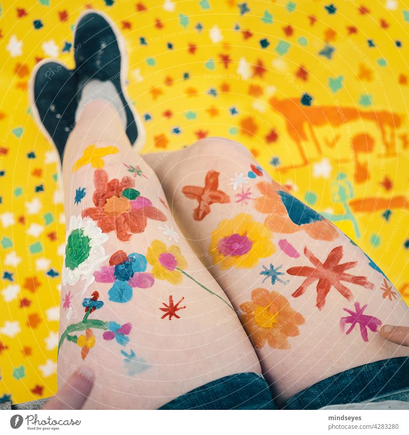 Legs with painted flowers Flowers painted on legs paint flowers Infancy Childhood memory Creativity Kindergarten Art Perspective variegated