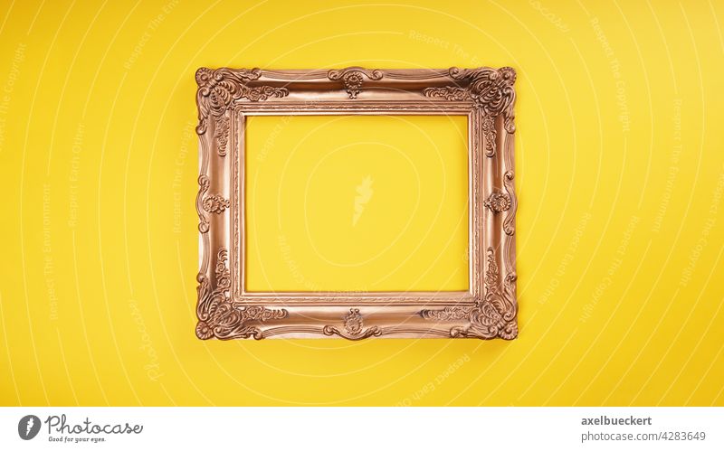 empty picture frame on yellow wall Frame Picture frame Empty Gold golden Art Image Decoration Wall (building) Yellow yellow background framed Exhibition Museum