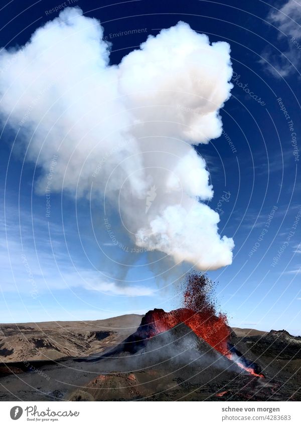 violent and fiery Blue Sky Volcano Iceland Outbreak cloud ash Lava Nature Landscape Mountain Deserted Green Volcanic crater Exterior shot Water Black Earth