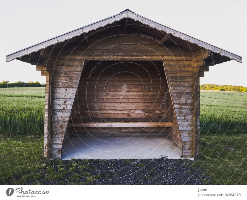 Bus shelter at the edge of the field Bus stop bus stops Bus stop shelter cot Wood Wooden cottage Wait waiting area Shelter Field Margin of a field Wheatfield