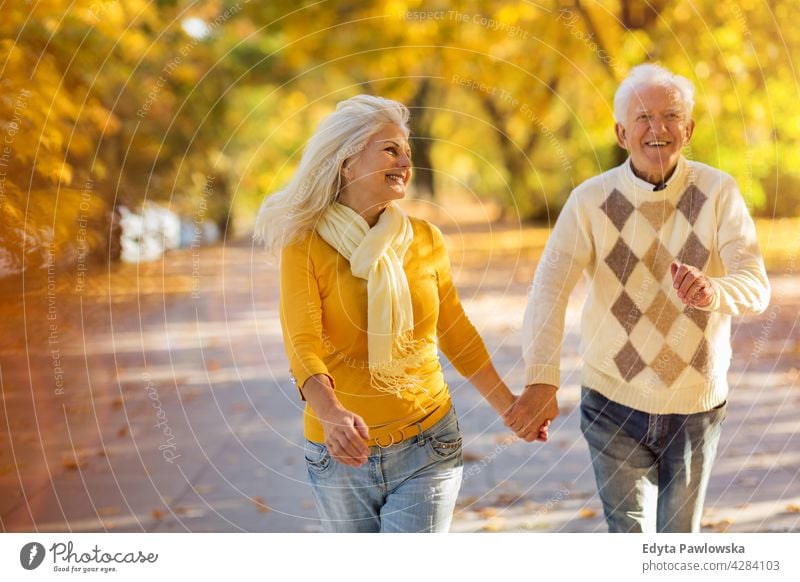 Mature couple running in autumn park family woman love people outdoors portrait together nature two beautiful fall trees yellow senior mature seniors pensioner