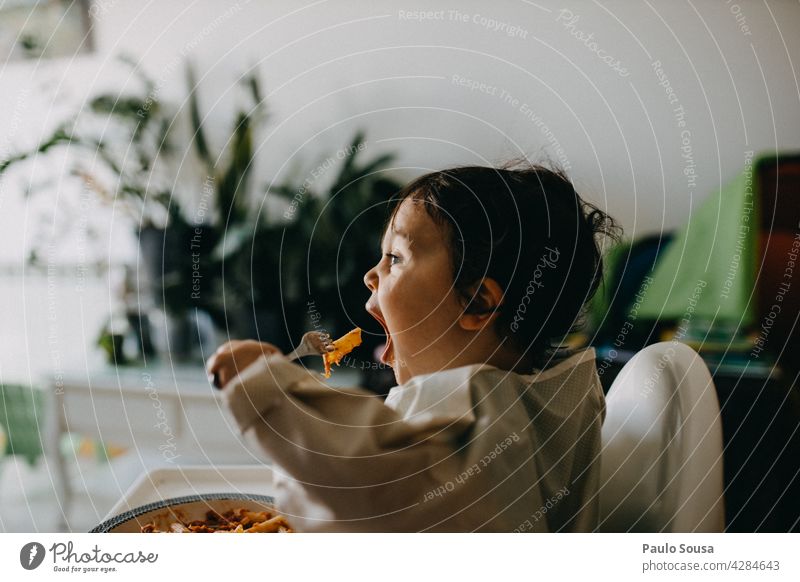 Child eating pasta Eating Pasta Fork Authentic Plate healthy Delicious Colour photo Nutrition food Lunch Food Caucasian 1 - 3 years Close-up Appetite Lifestyle