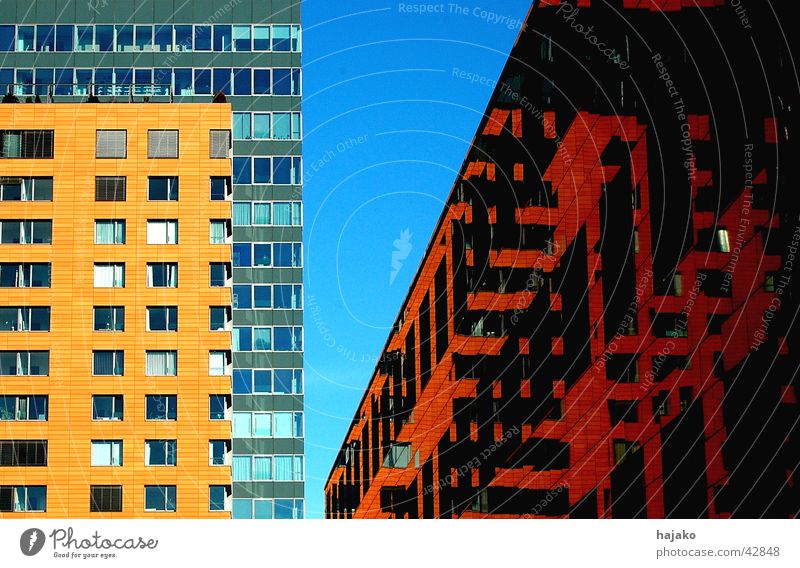 Three-House Corner Office building Sunlight Reflection Red Architecture Modern Blue